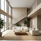 salon-canape-fauteuil-legis-tissu-bouclette-blanc-mezzanine-tapis-plantes-baie-vitree