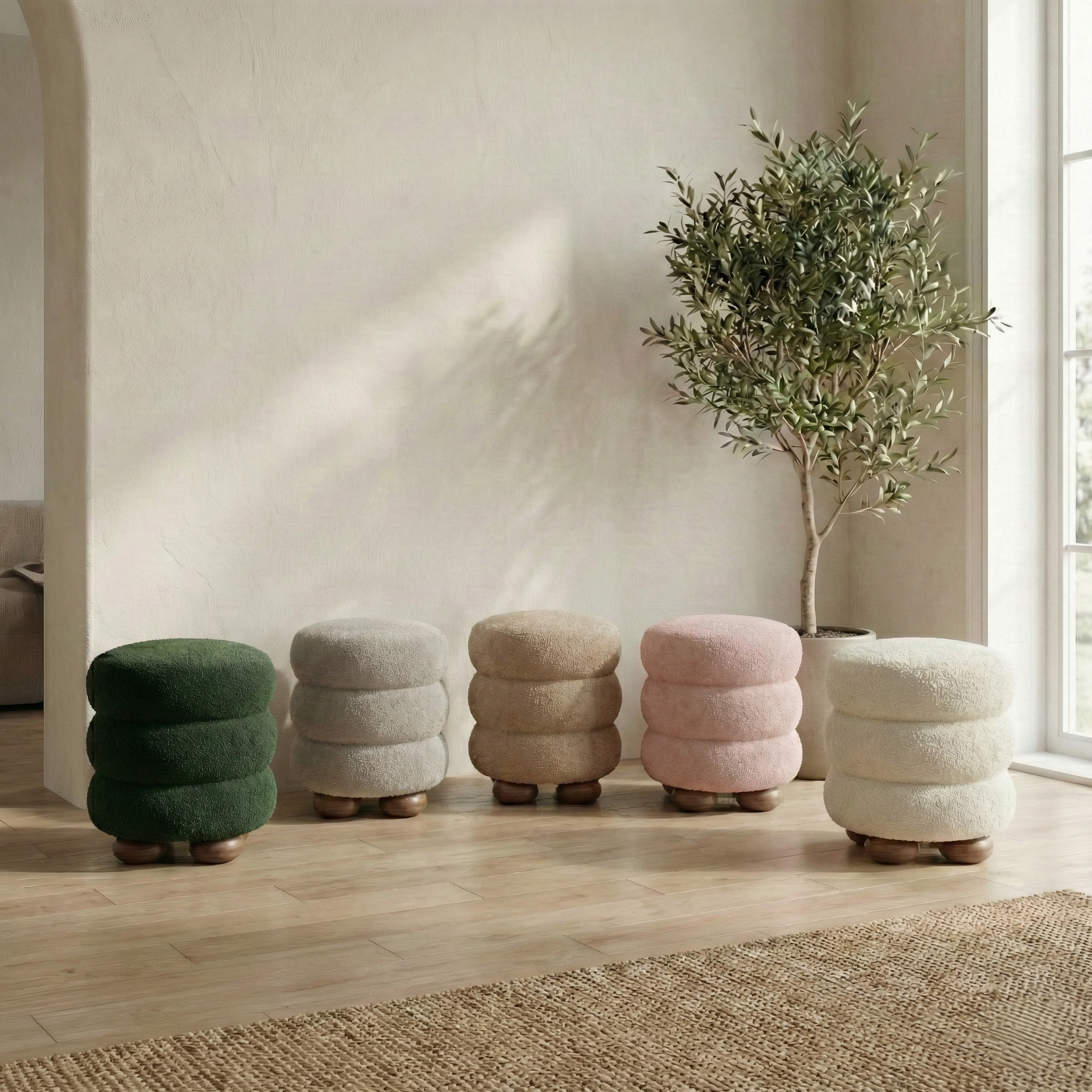 tabourets-pouf-plicatus-couleurs-tissu-bouclette-plante