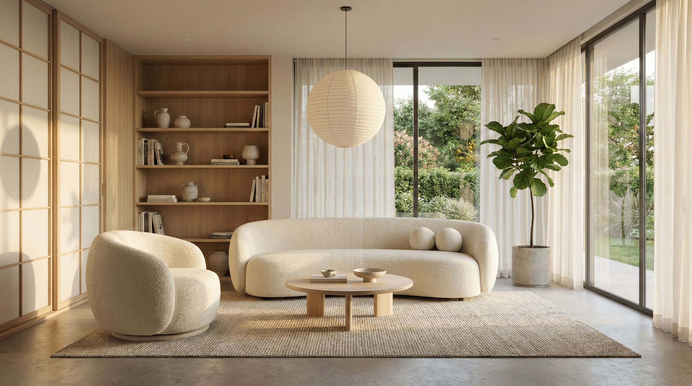 salon-japandi-canape-fauteuil-tissu-bouclette-blanc-jardin-plante